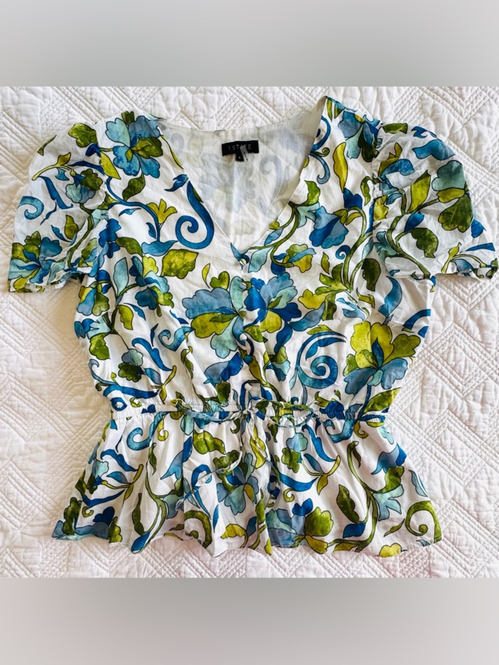 1. State Cotton Floral V-Neck Peplum Blouse Size Large Floral Blue & Green Print